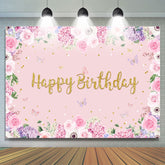Toile de fond d'anniversaire floral et papillon rose pour fille